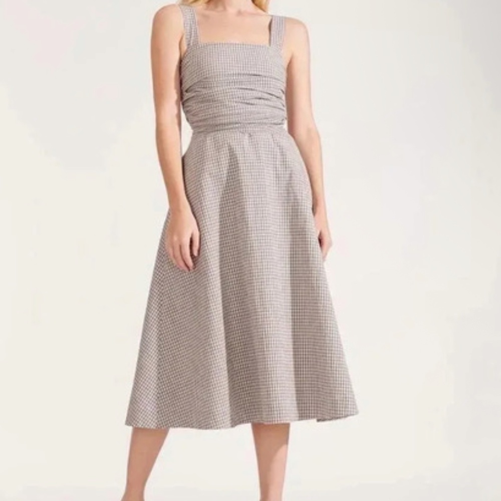 Veronica Beard Taupe Gingham Square-Neck Midi Dress